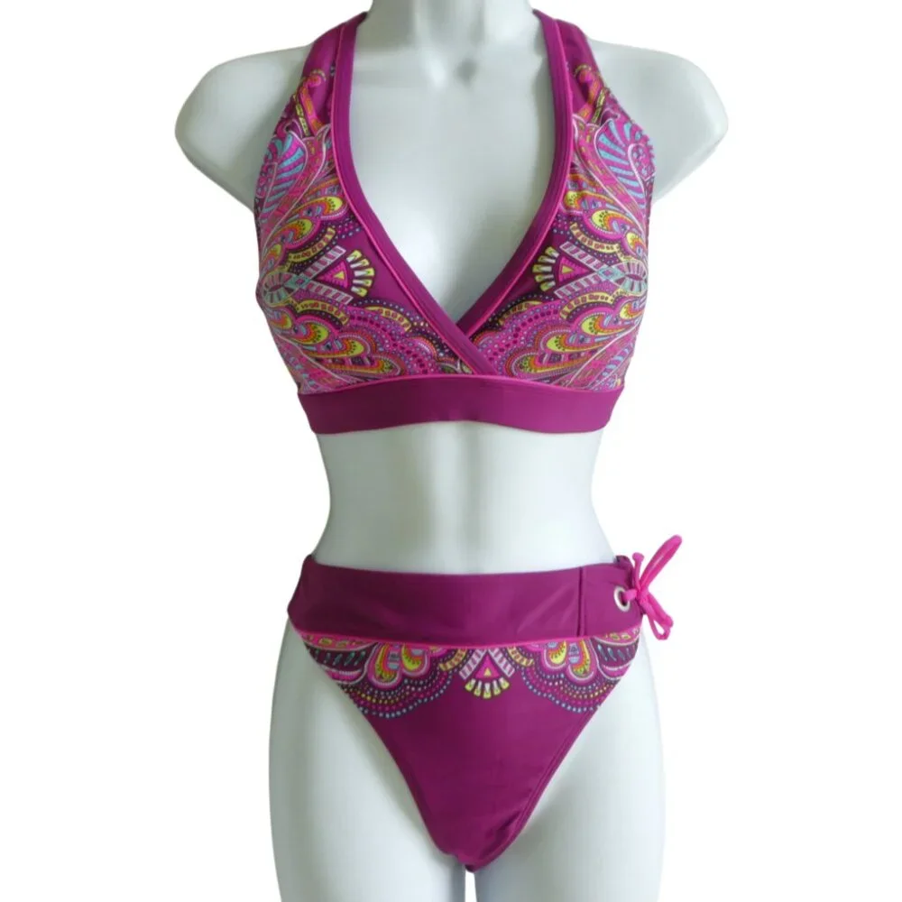 Athleta Swim Bikini Top Bottoms Berry Paisley Padded Racer Back Coverage M